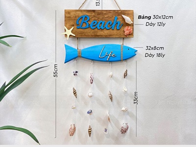 Bảng treo chủ đề biển Beach Life Cá Xanh treo ốc [dây thừng - vỏ ốc thật] KT55x32cm BTC-BIEN-03